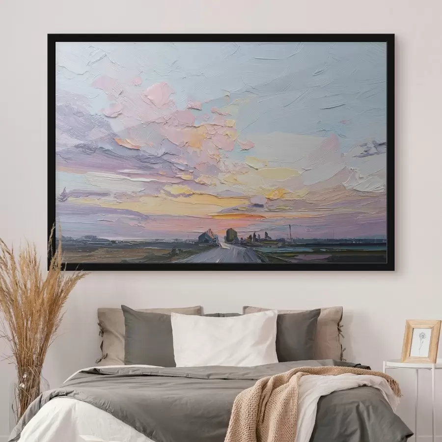 Fototapetes Lauku ainavas eļļas stila zīmējumā, saulriets f44794