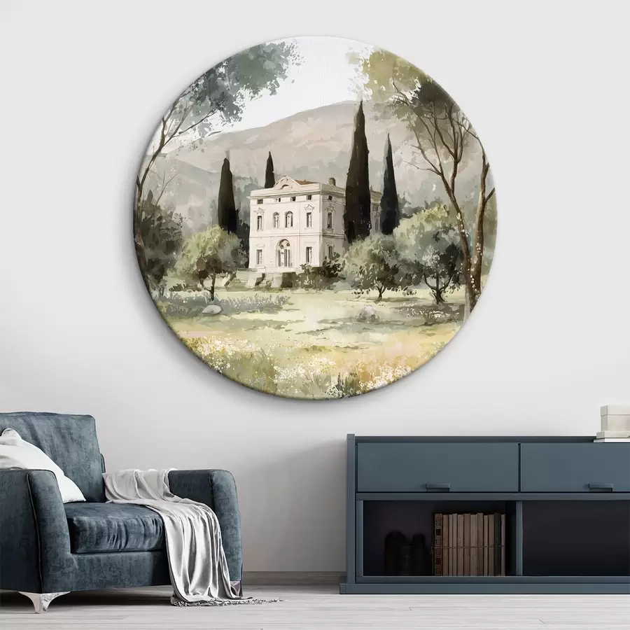 Glezna Vidusjūras ciemats ar baltu māju dārza ielokā r44796