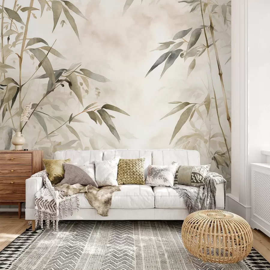 Fototapetes Bambusa tekstūras zari ar lapām akvareļu stilā, maiga, neitrāla krāsu palete, gaiši bēšs fons w09204