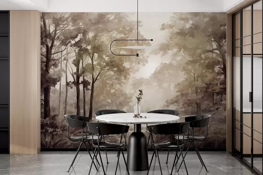 Fototapetes Teksturēta meža ainava, koki ar smilškrāsas un brūnām lapām, pasteļkrāsu palete w09210