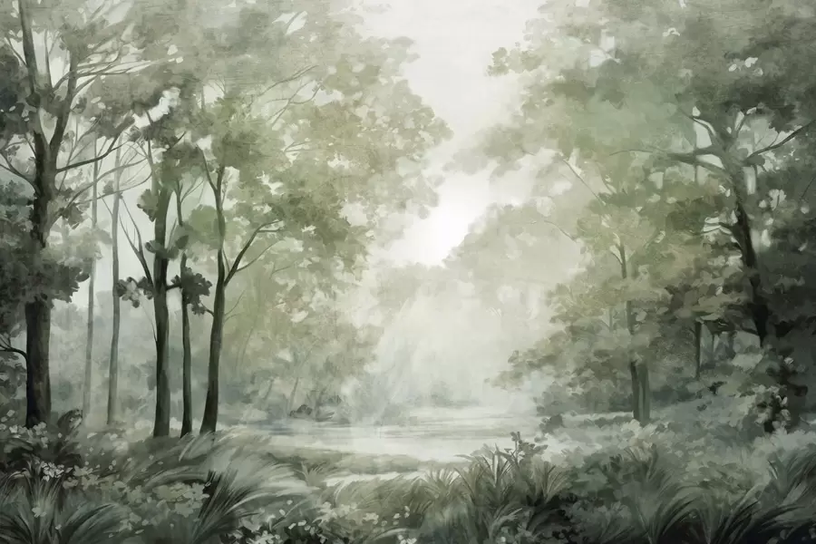 Fototapetes Teksturēta meža ainava, koki ar zaļām lapām, pasteļkrāsu palete w09210v2