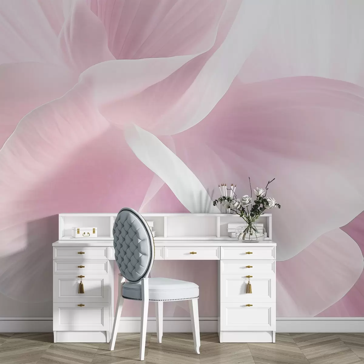 Fototapetes Abstrakts fakturēts zieds ar maigām ziedlapiņām, maigs apgaismojums, eleganta kompozīcija, minimālisma estētika w09211v1