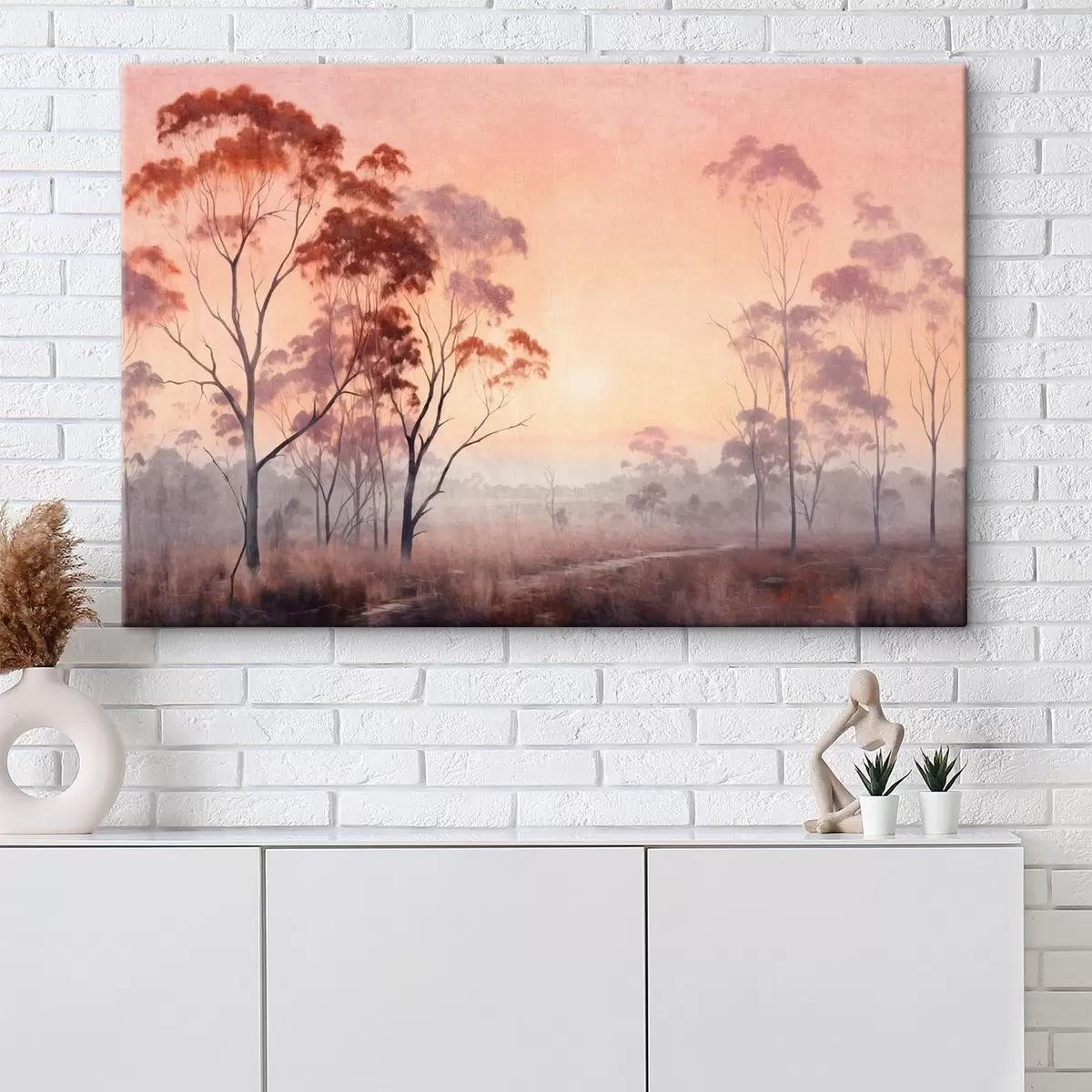 Glezna Ainavu glezna, kurā attēlots lauks ar augstu zāli un kokiem, fonā redzama saule s44854