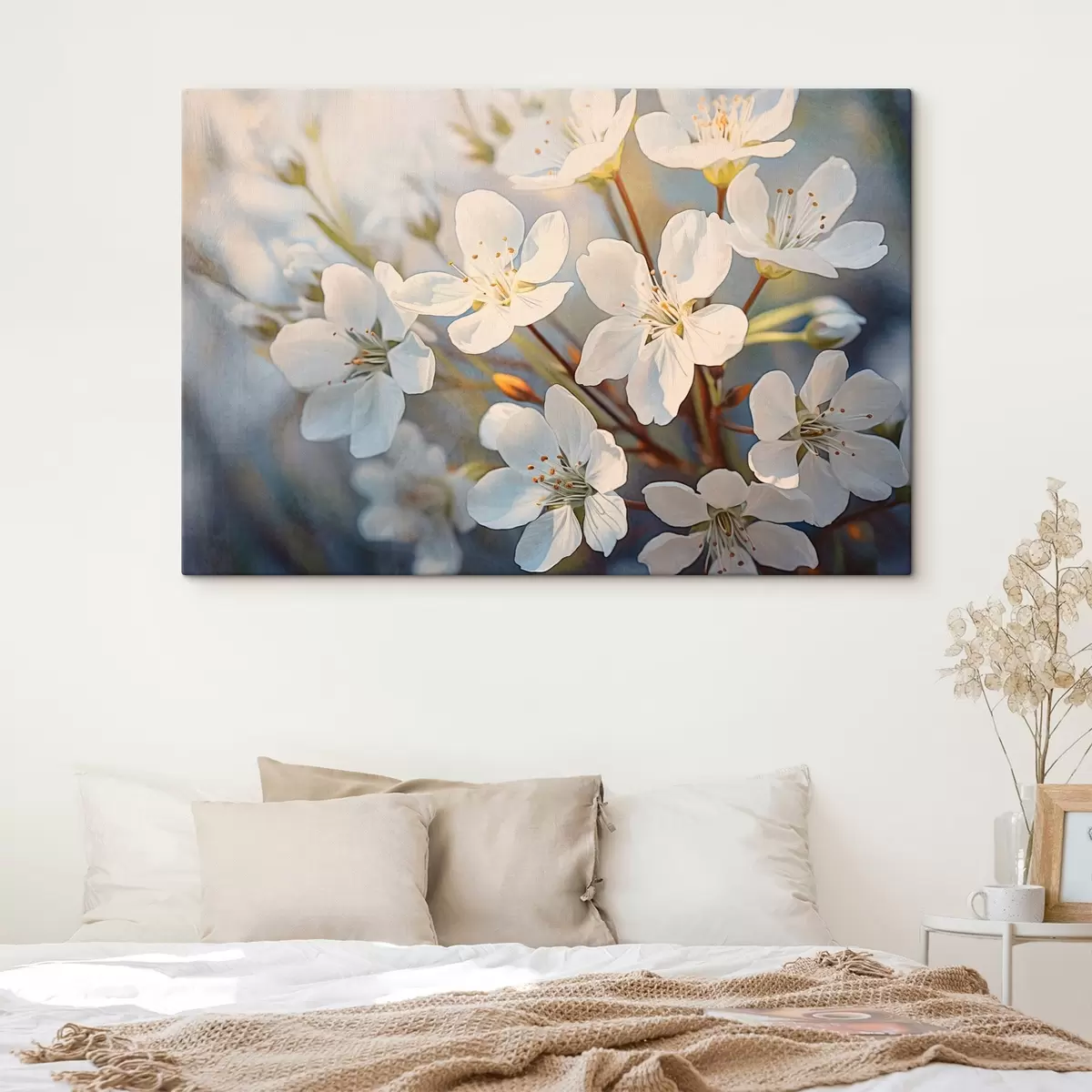 Glezna Balti fakturēti ķiršu ziedi akvareļu stila stilā, maigi ziedlapiņas, pavasara sezona s44859