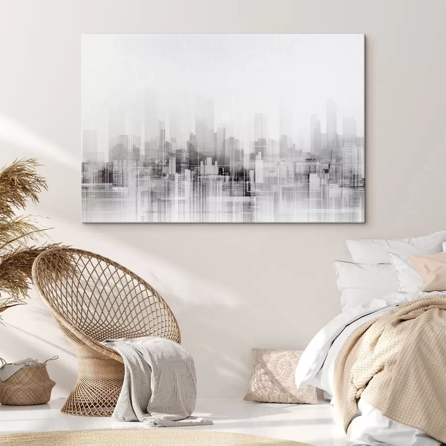 Glezna Teksturēta minimālistiska pilsētas ainava ar augstām ēkām un debesskrāpjiem, kuru silueti veidojas uz baltu debesu fona s44863