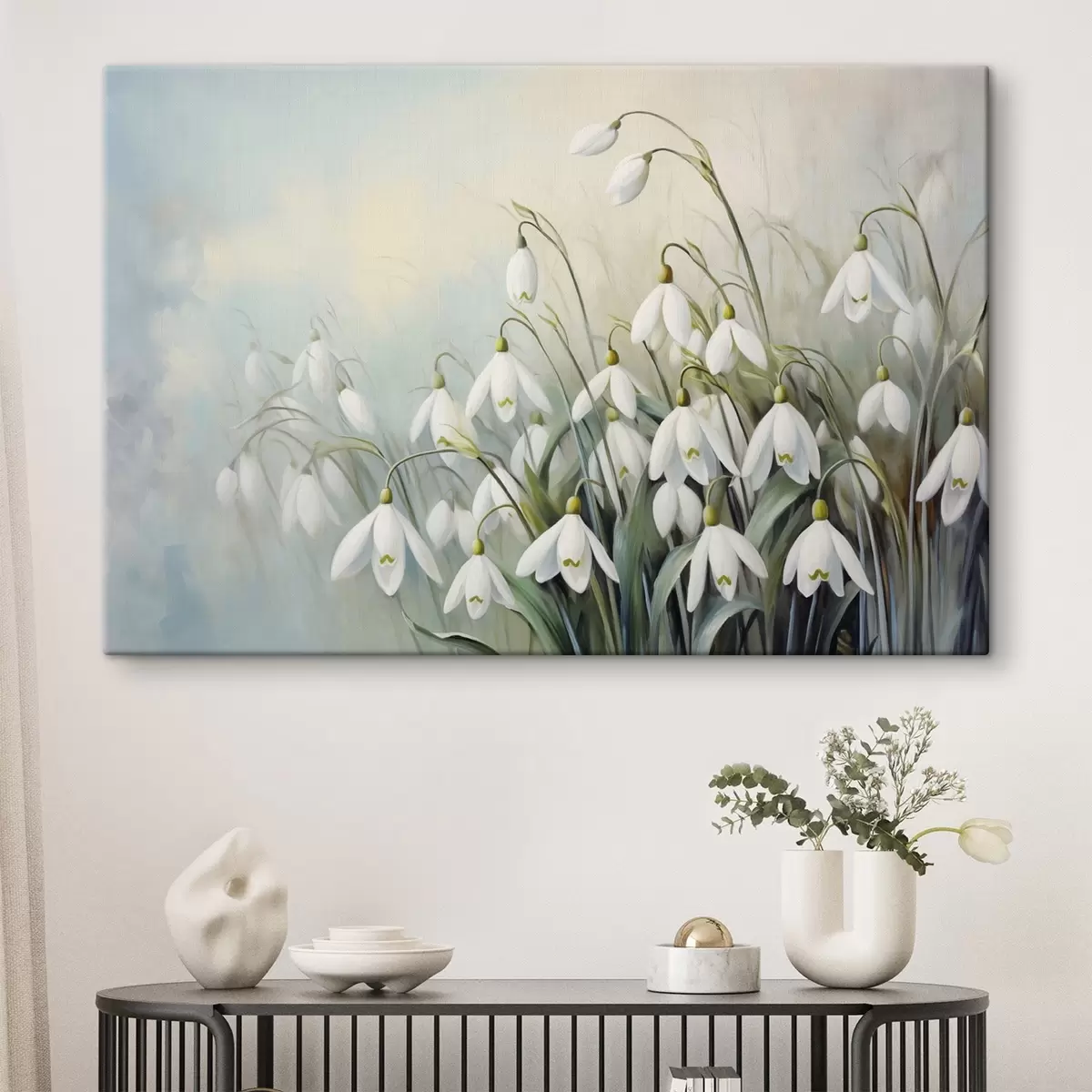 Glezna Balti sniegpulkstenīšu ziedi ar ziliem un zaļiem kātiņiem un lapām, maigi triepieni, neskaidrs fons  s44864