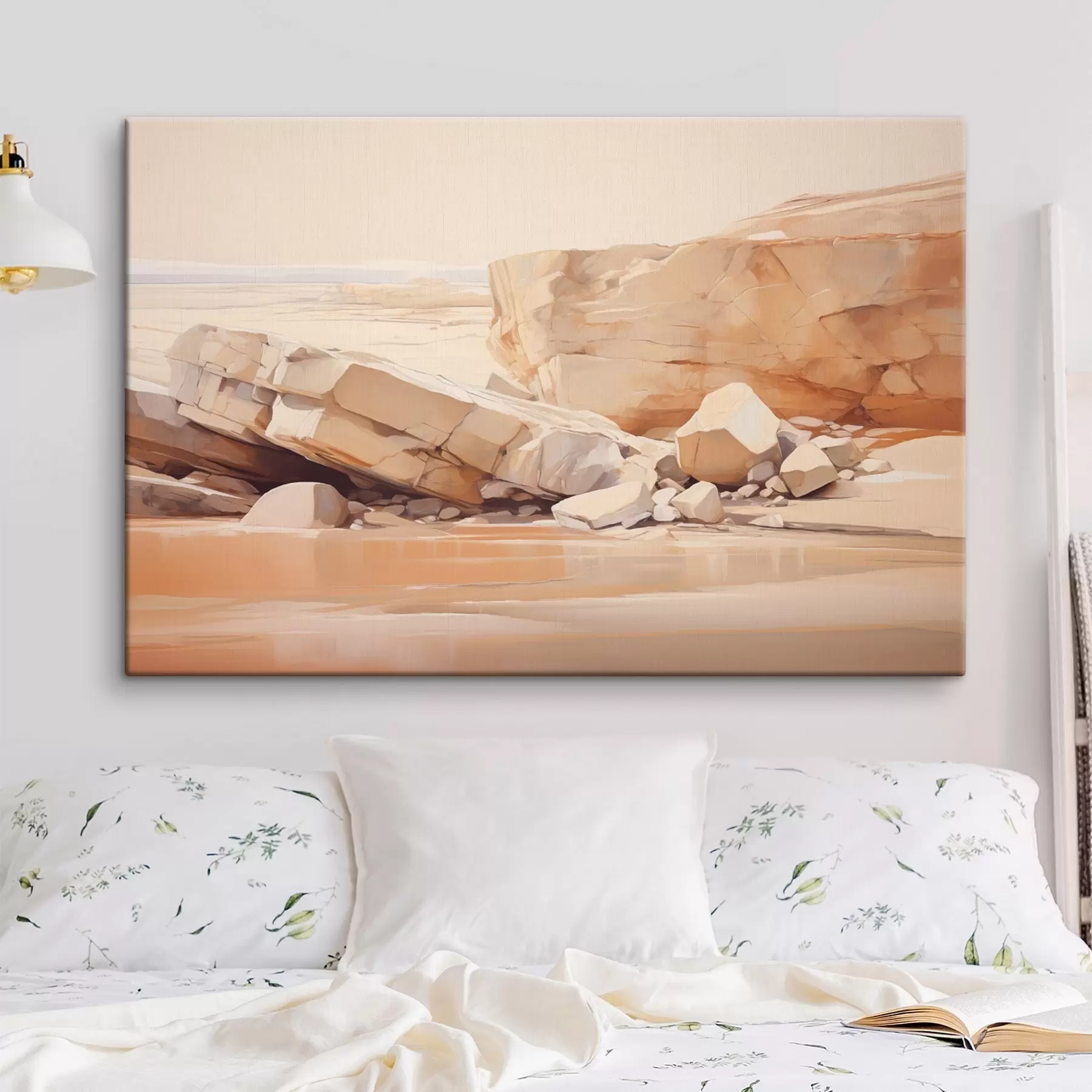 Fototapetes Minimālistiska akmeņaina pludmales ainava ar lieliem gaiši brūniem laukakmeņiem un dzidru ūdeni s44865