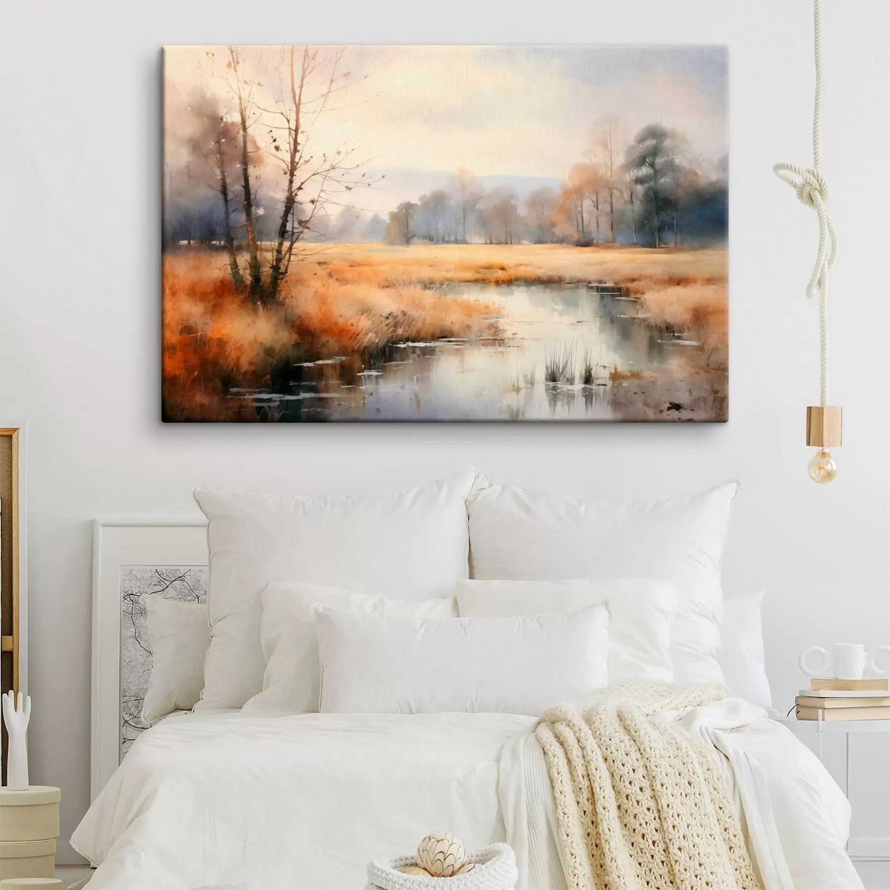 Glezna Mierīga fakturēta ainavas glezniecības imitācija ar niedrēm un kailiem kokiem, mierīgs ūdens zem debesīm s44867