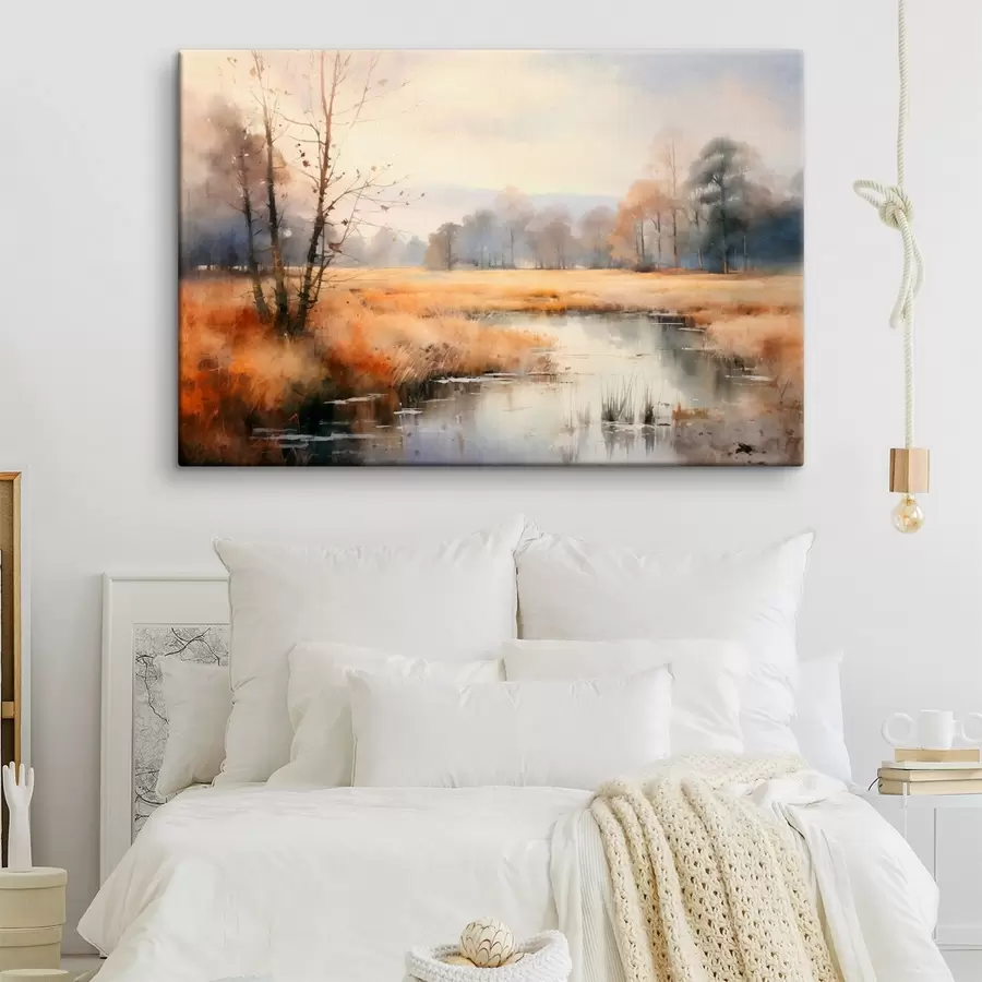 Glezna Mierīga fakturēta ainavas glezniecības imitācija ar niedrēm un kailiem kokiem, mierīgs ūdens zem debesīm s44867
