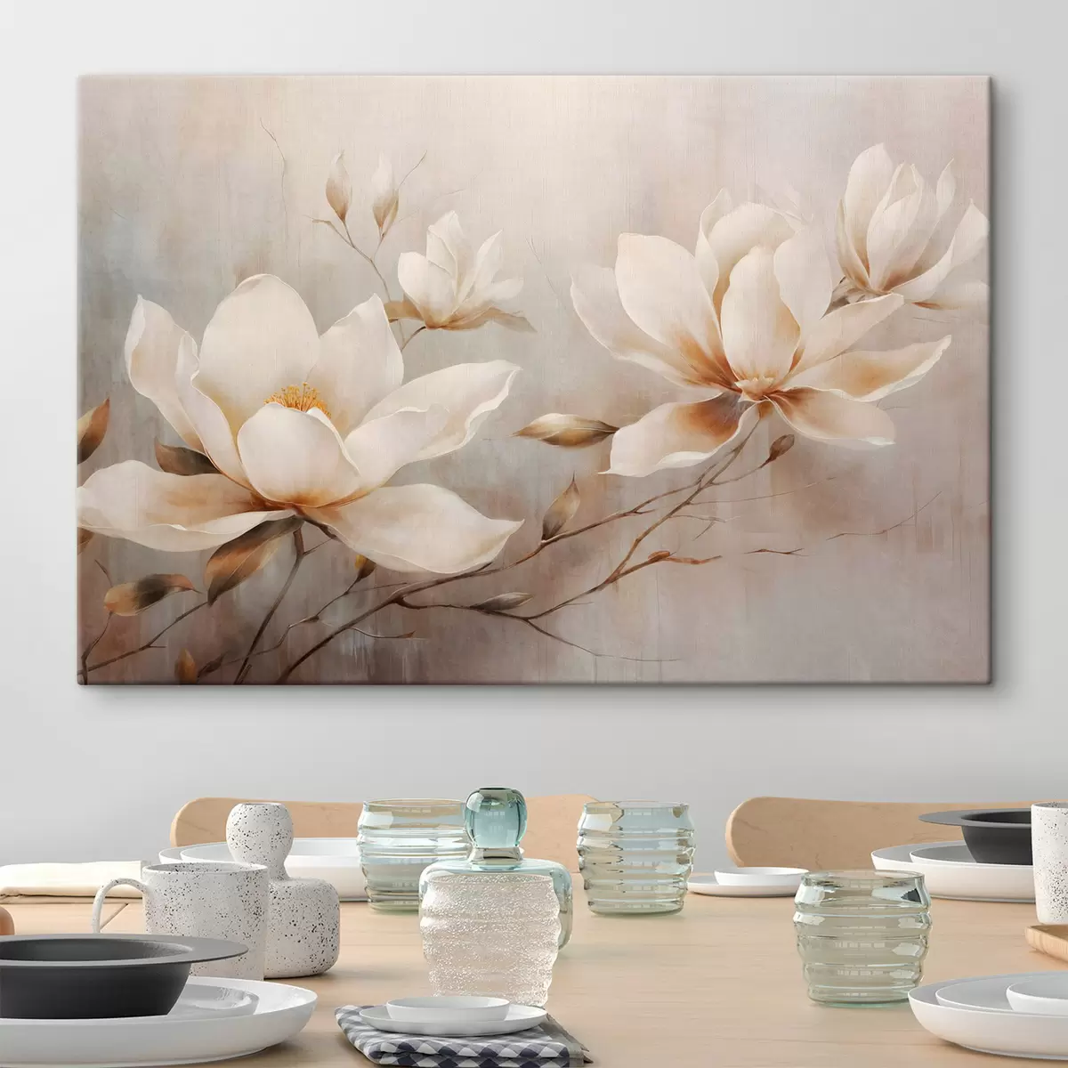 Glezna Textured vintage vintage balti magnolijas ziedi uz zariem gaiši brūnā fonā s44869
