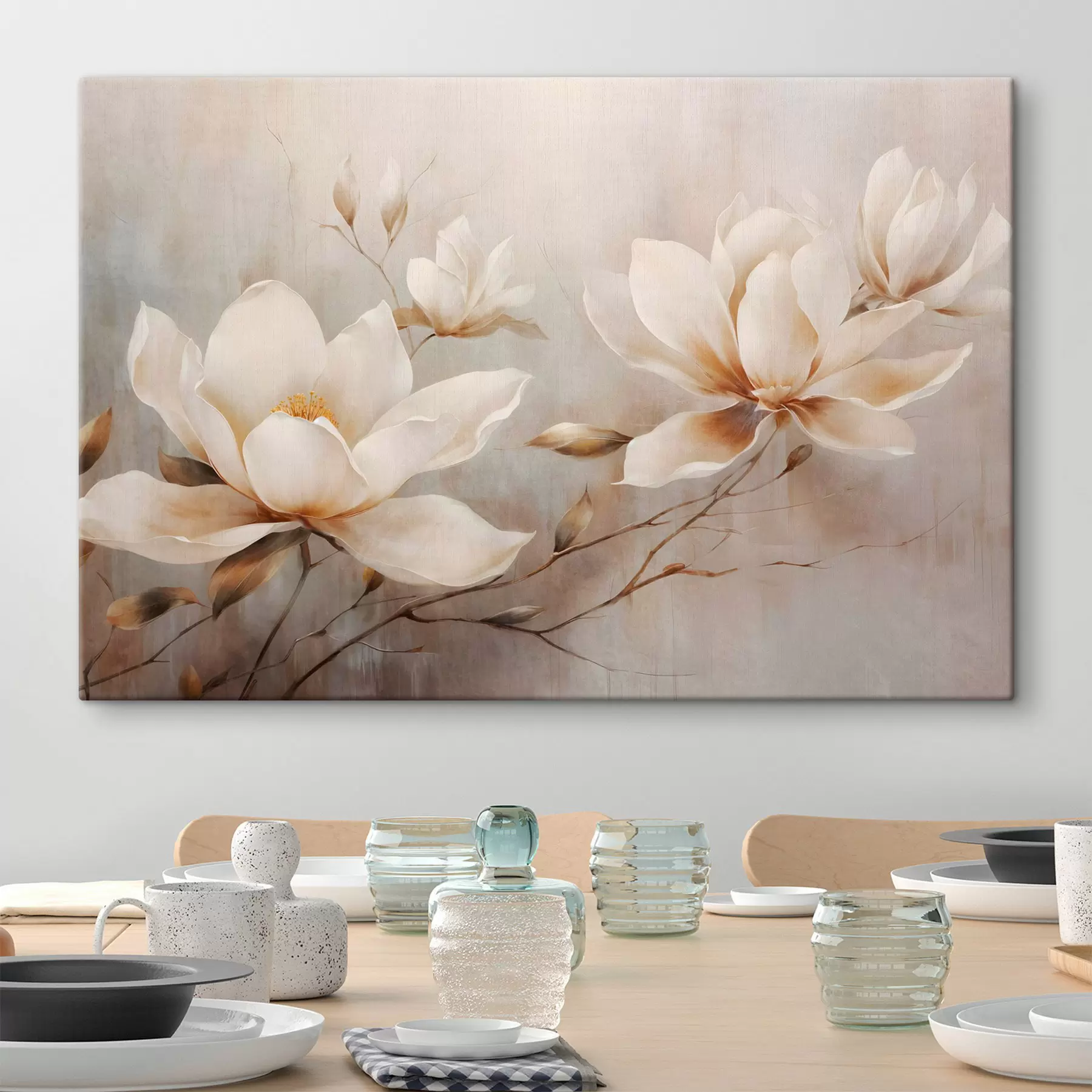 Glezna Textured vintage vintage balti magnolijas ziedi uz zariem gaiši brūnā fonā s44869