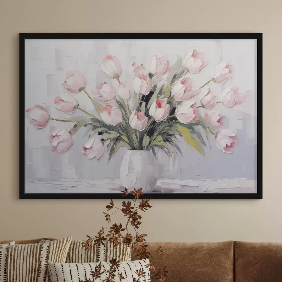 Plakāts Vāze ar rozā tulpēm, zaļas lapas, gaiši pelēks fons , eļļas glezna, biezi triepieni ar otu f44852