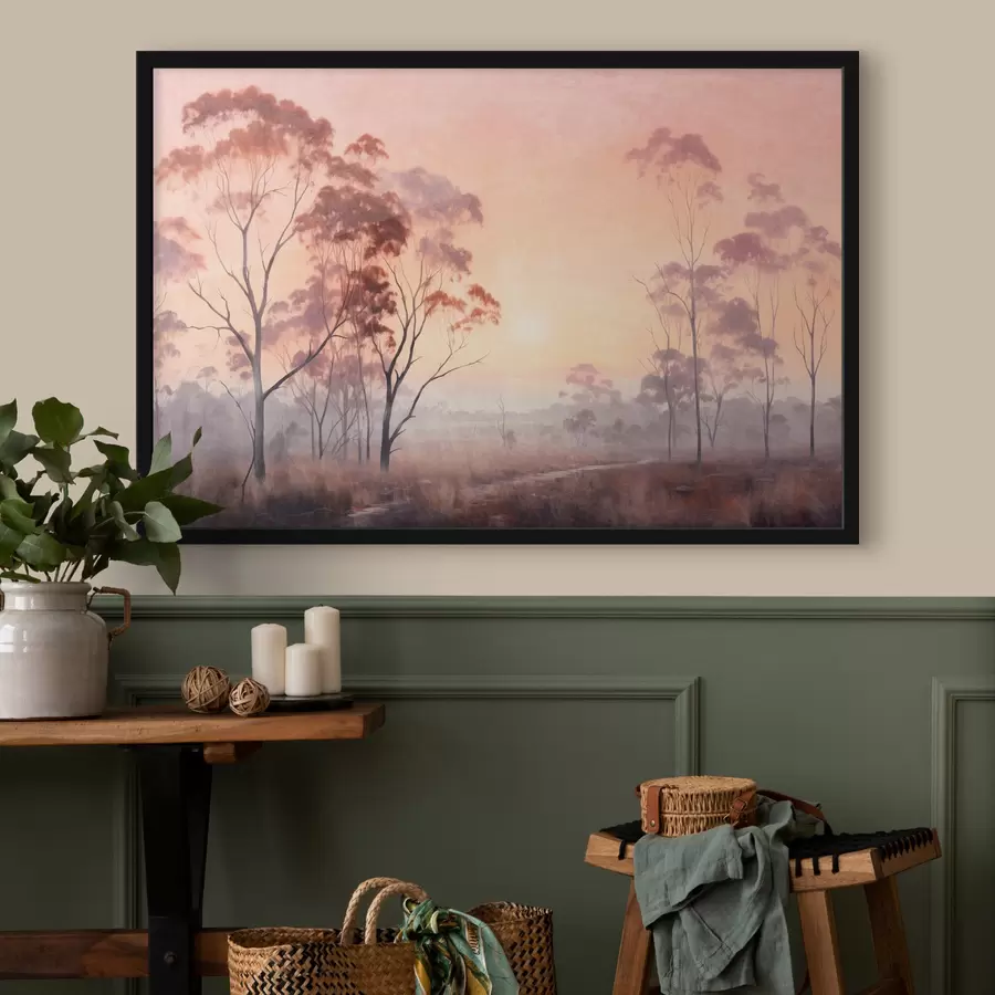 Fototapetes Ainavu glezna, kurā attēlots lauks ar augstu zāli un kokiem, fonā redzama saule f44854