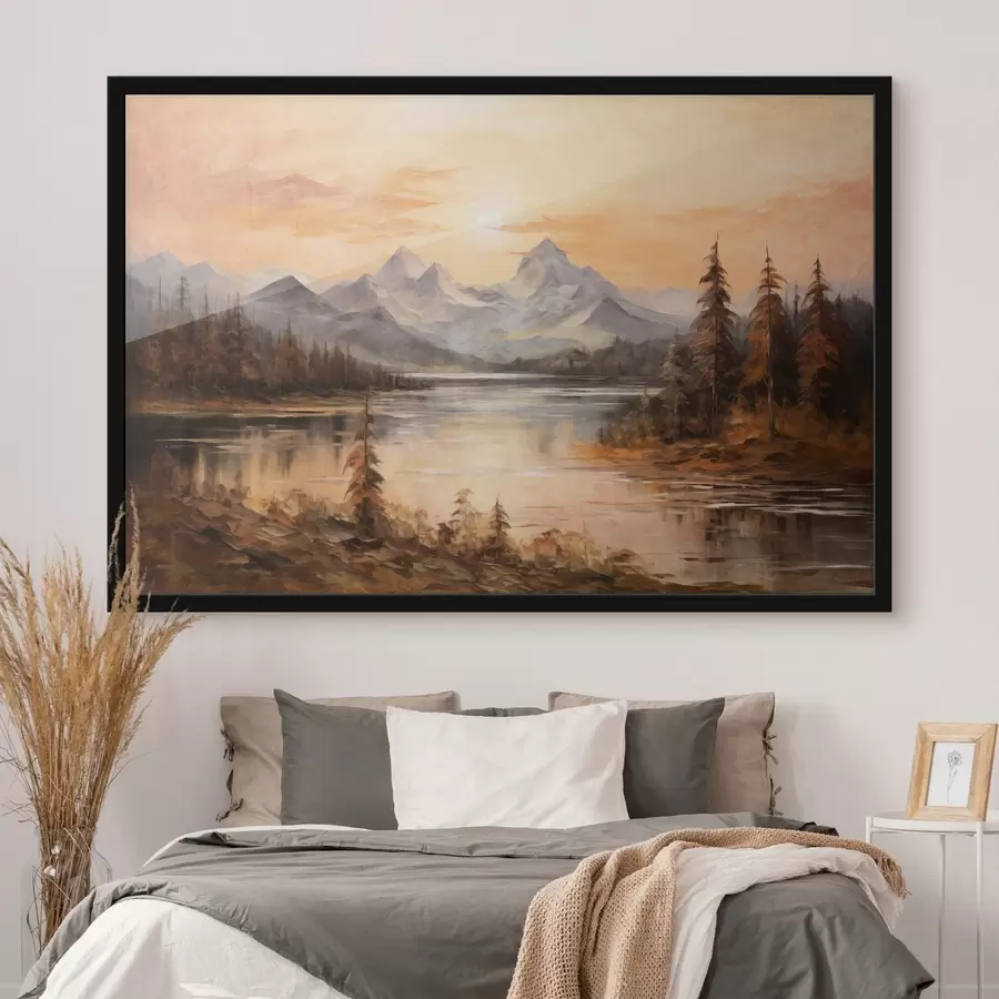 Fototapetes Ainava ar ezeru, ko ieskauj koki un kalni fonā, oranžas debesis ar sauli f44857