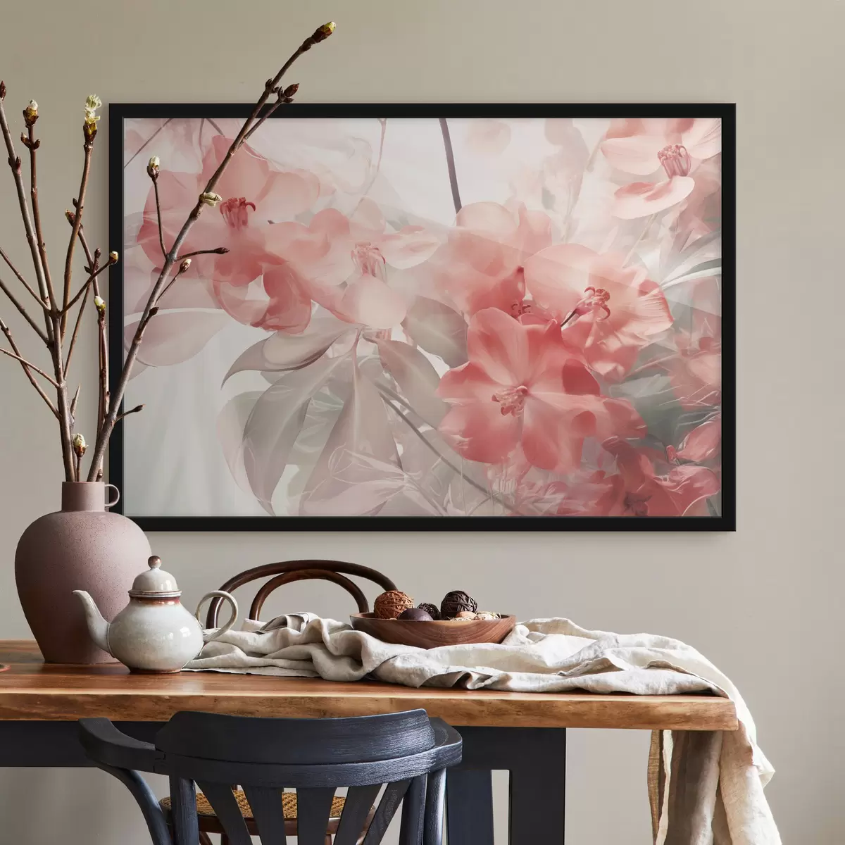 Plakāts Dzirkstoši rozā tropu ziedi ar maigām, maigi zaļām lapām, veidojot sapņaini maigu tekstūru f44861