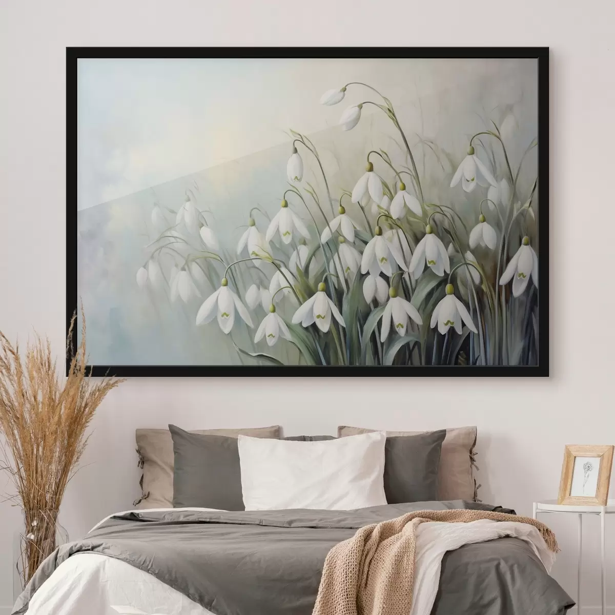 Plakāts Balti sniegpulkstenīšu ziedi ar ziliem un zaļiem kātiņiem un lapām, maigi triepieni, neskaidrs fons f44864