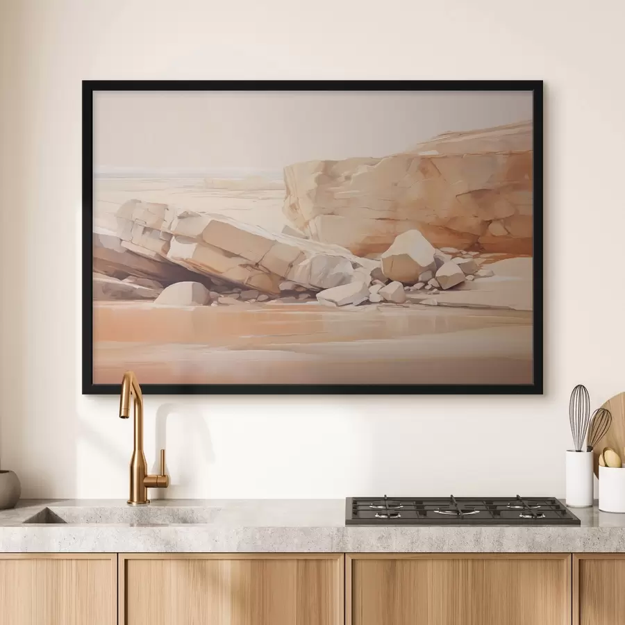 Glezna Minimālistiska akmeņaina pludmales ainava ar lieliem gaiši brūniem laukakmeņiem un dzidru ūdeni f44865