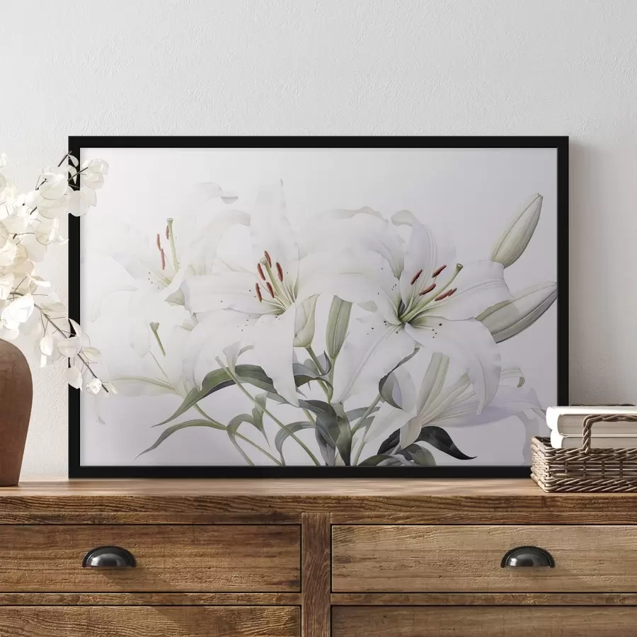 Fototapetes Baltu liliju pušķis ar zaļām lapām, maigām ziedlapiņām un maigi baltu fonu f44868