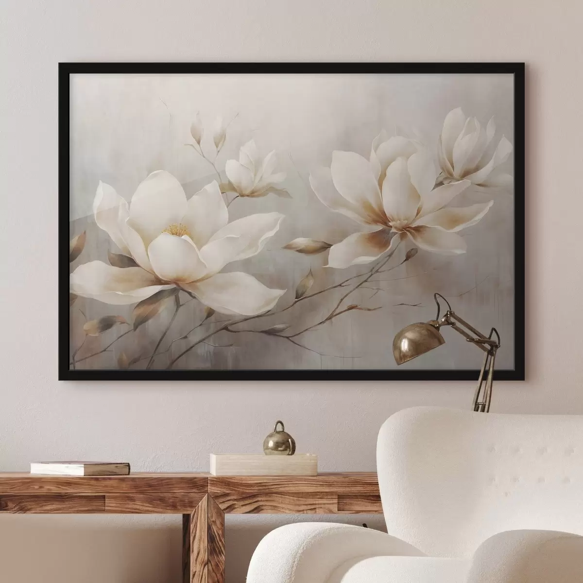 Plakāts Textured vintage vintage balti magnolijas ziedi uz zariem gaiši brūnā fonā f44869