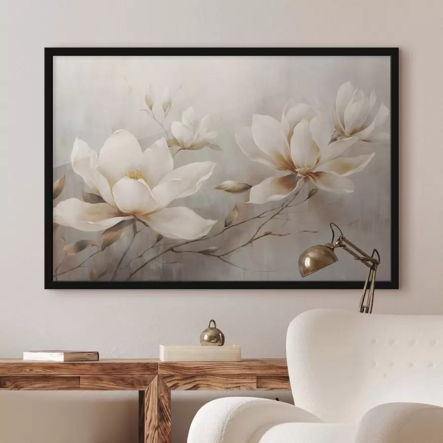 Fototapetes Textured vintage vintage balti magnolijas ziedi uz zariem gaiši brūnā fonā f44869