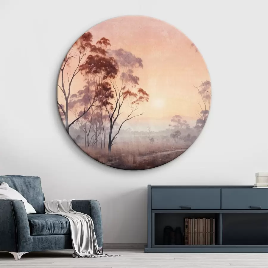 Glezna Ainavu glezna, kurā attēlots lauks ar augstu zāli un kokiem, fonā redzama saule r44854