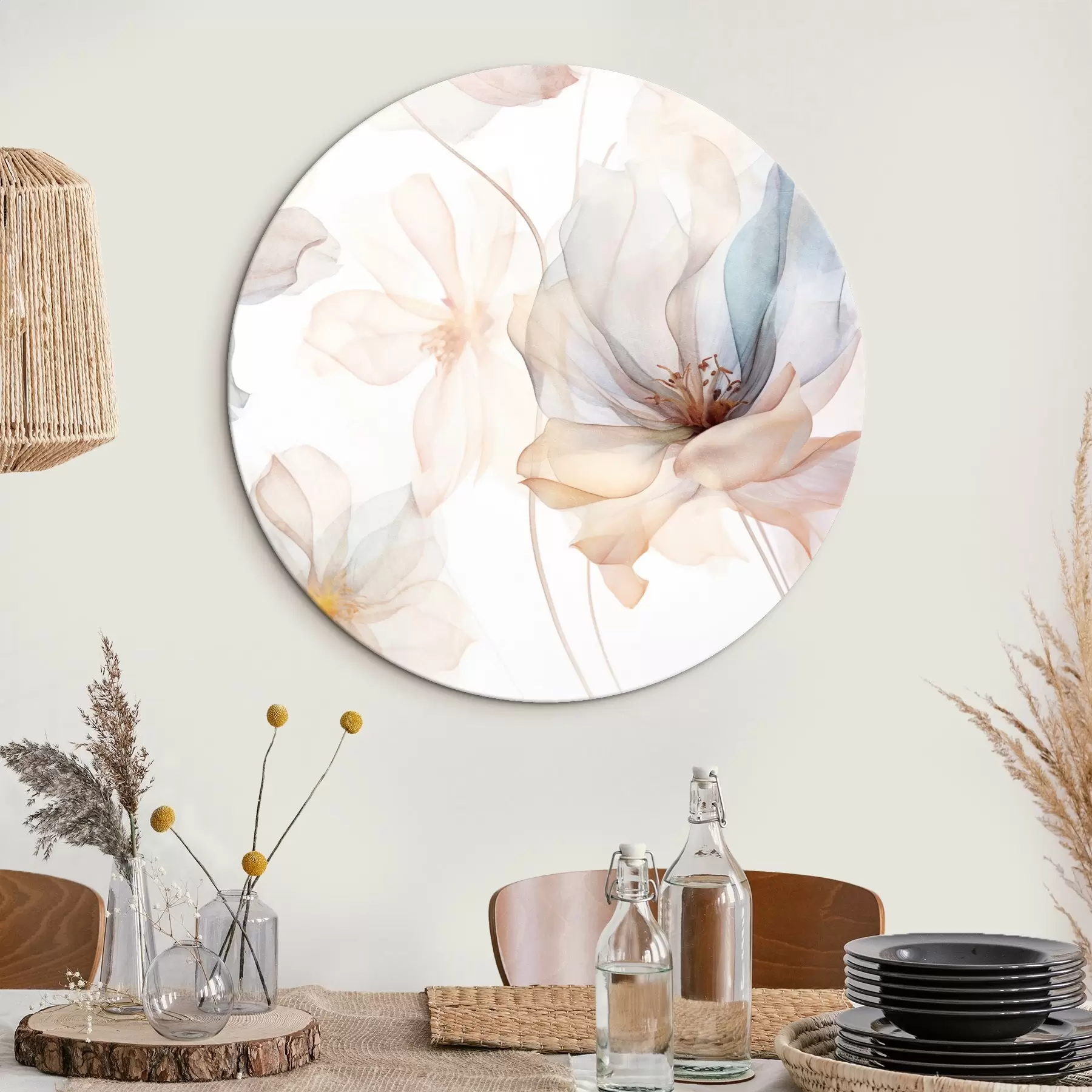 Glezna Caurspīdīgi tekstūras ziedi pasteļtoņos, maigas ziedlapiņas, maigas līnijas uz balta fona r44855