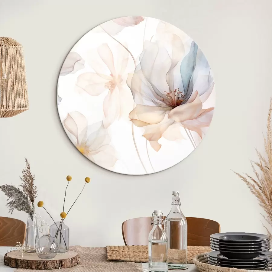 Glezna Caurspīdīgi tekstūras ziedi pasteļtoņos, maigas ziedlapiņas, maigas līnijas uz balta fona r44855