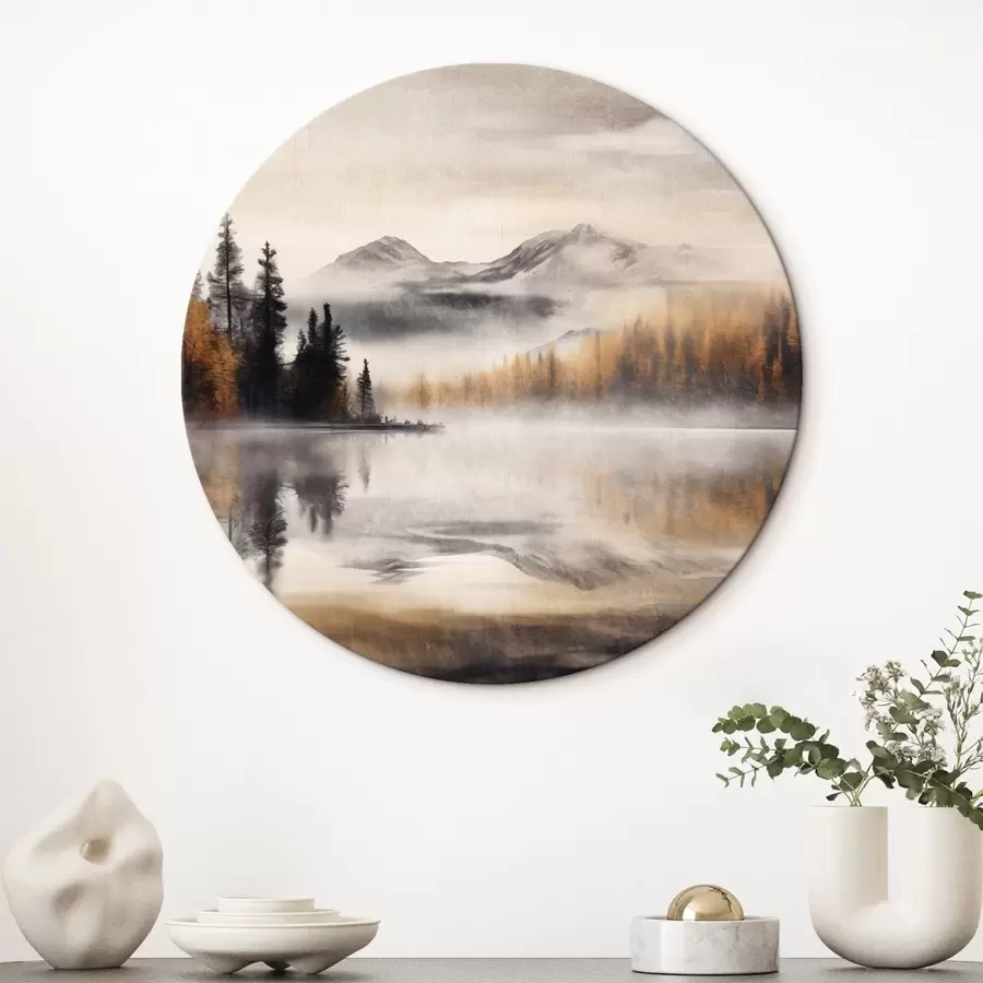 Glezna Miglaina ezera ainava ar priežu kokiem un kalniem, mākoņaini pelēkas debesis r44856