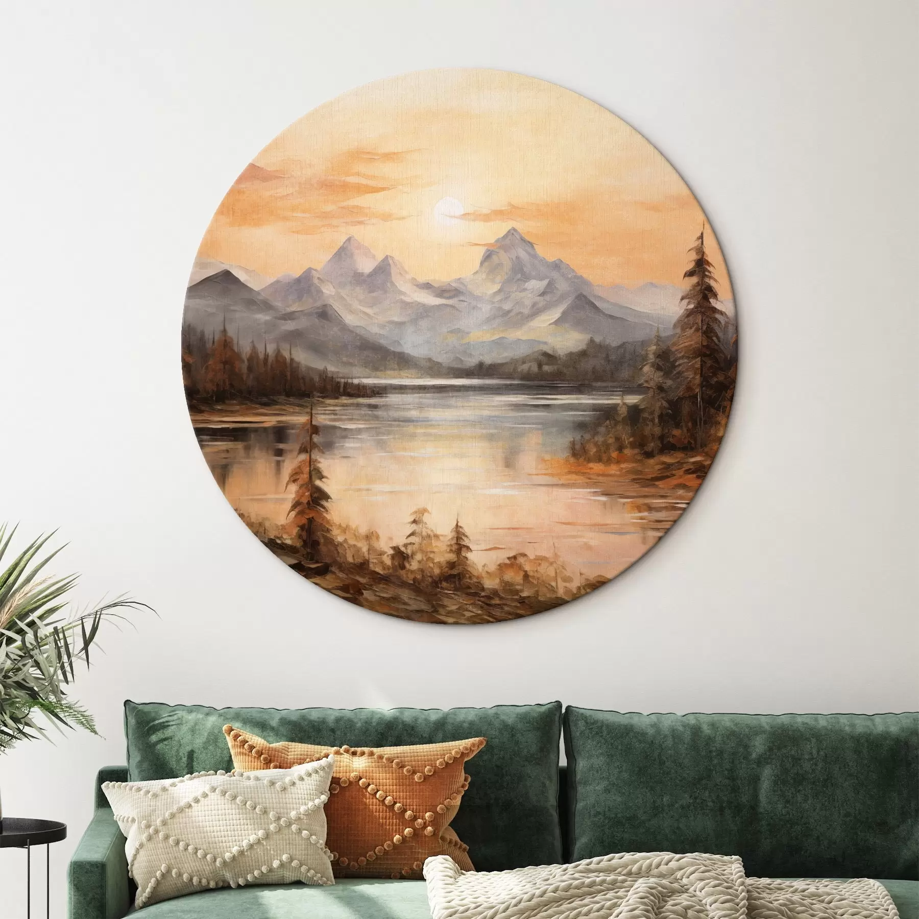 Glezna Ainava ar ezeru, ko ieskauj koki un kalni fonā, oranžas debesis ar sauli r44857