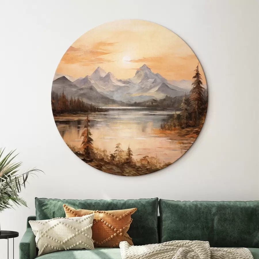 Glezna Ainava ar ezeru, ko ieskauj koki un kalni fonā, oranžas debesis ar sauli r44857