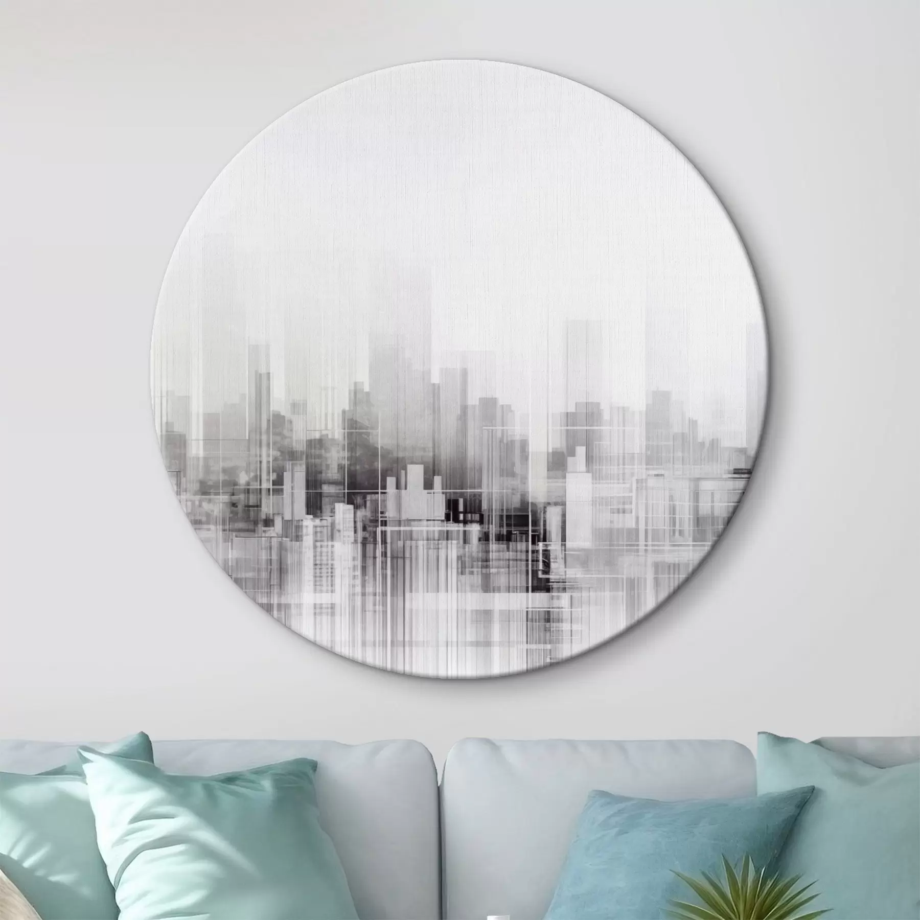 Glezna Teksturēta minimālistiska pilsētas ainava ar augstām ēkām un debesskrāpjiem, kuru silueti veidojas uz baltu debesu fona r44863