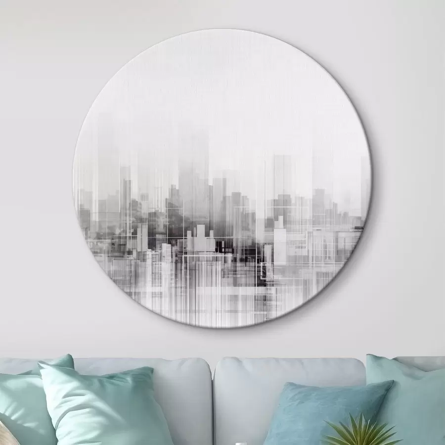 Glezna Teksturēta minimālistiska pilsētas ainava ar augstām ēkām un debesskrāpjiem, kuru silueti veidojas uz baltu debesu fona r44863