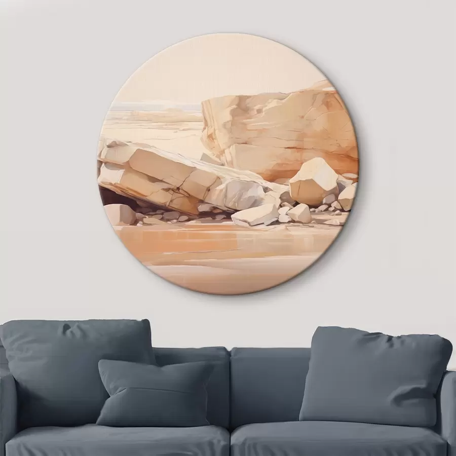 Glezna Minimālistiska akmeņaina pludmales ainava ar lieliem gaiši brūniem laukakmeņiem un dzidru ūdeni r44865