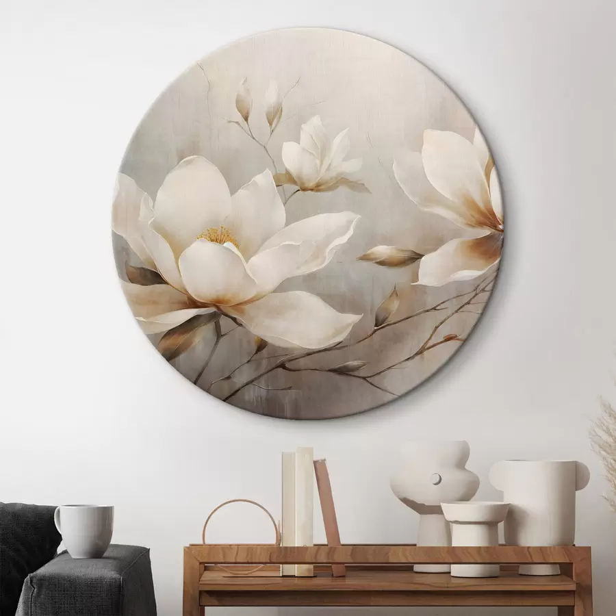Glezna Textured vintage vintage balti magnolijas ziedi uz zariem gaiši brūnā fonā r44869