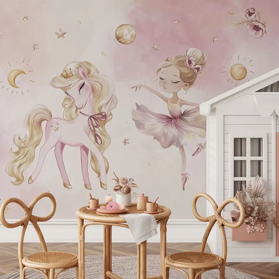 Fototapetes Vienradzis un balerīna rozā pasakā, stāsts bērniem w04196