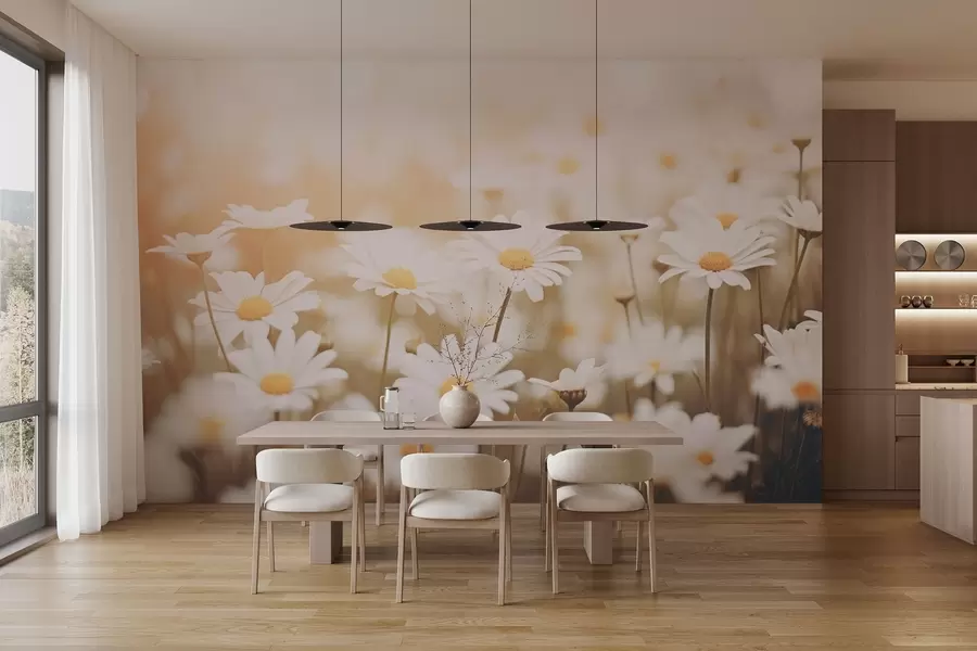 Fototapetes Savvaļas margrietiņas uz gaiša fona ar mīksta fokusa efektu w04161