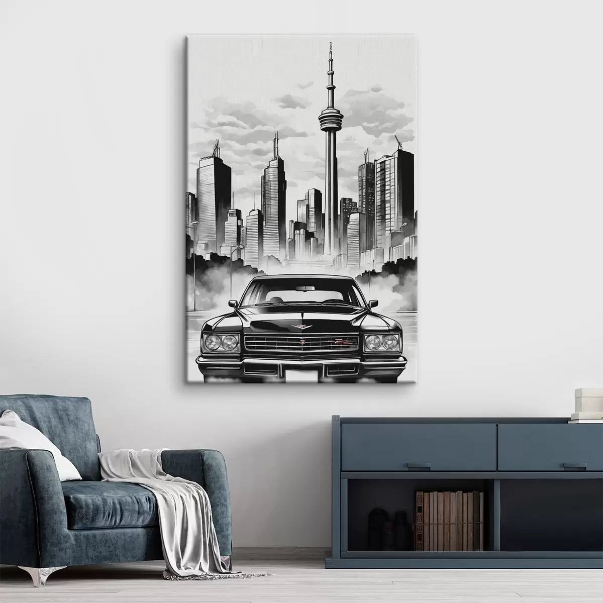 Glezna Retro auto uz melnbaltās pilsētas ar debesskrāpjiem fona s44871