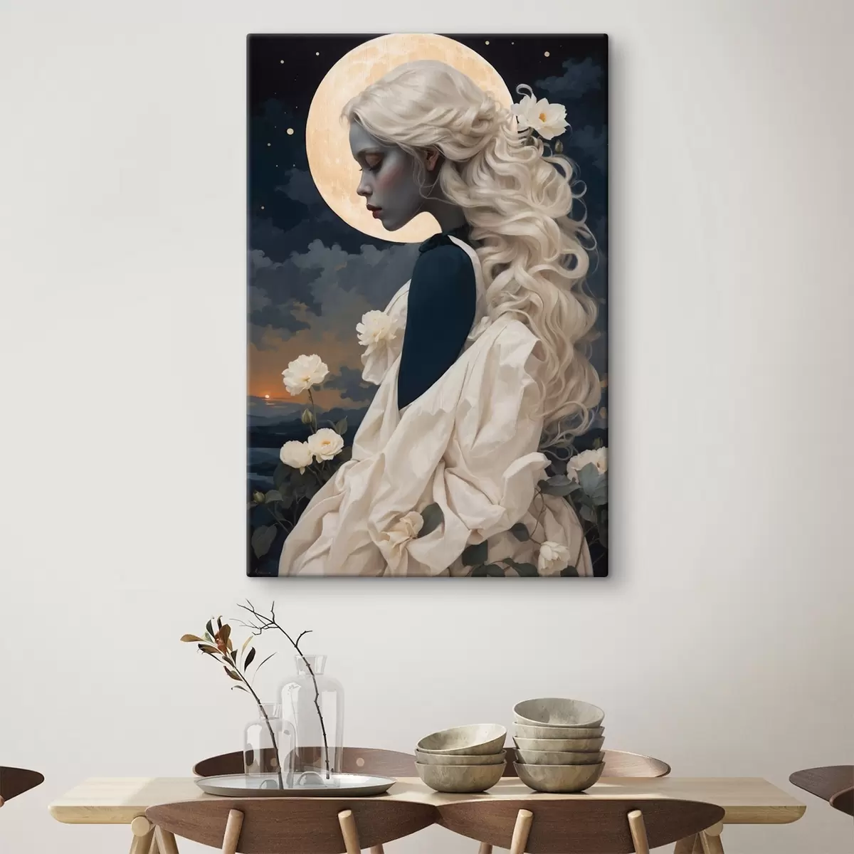 Glezna Meitenes portrets ar baltiem matiem un pilnmēnesi s44887