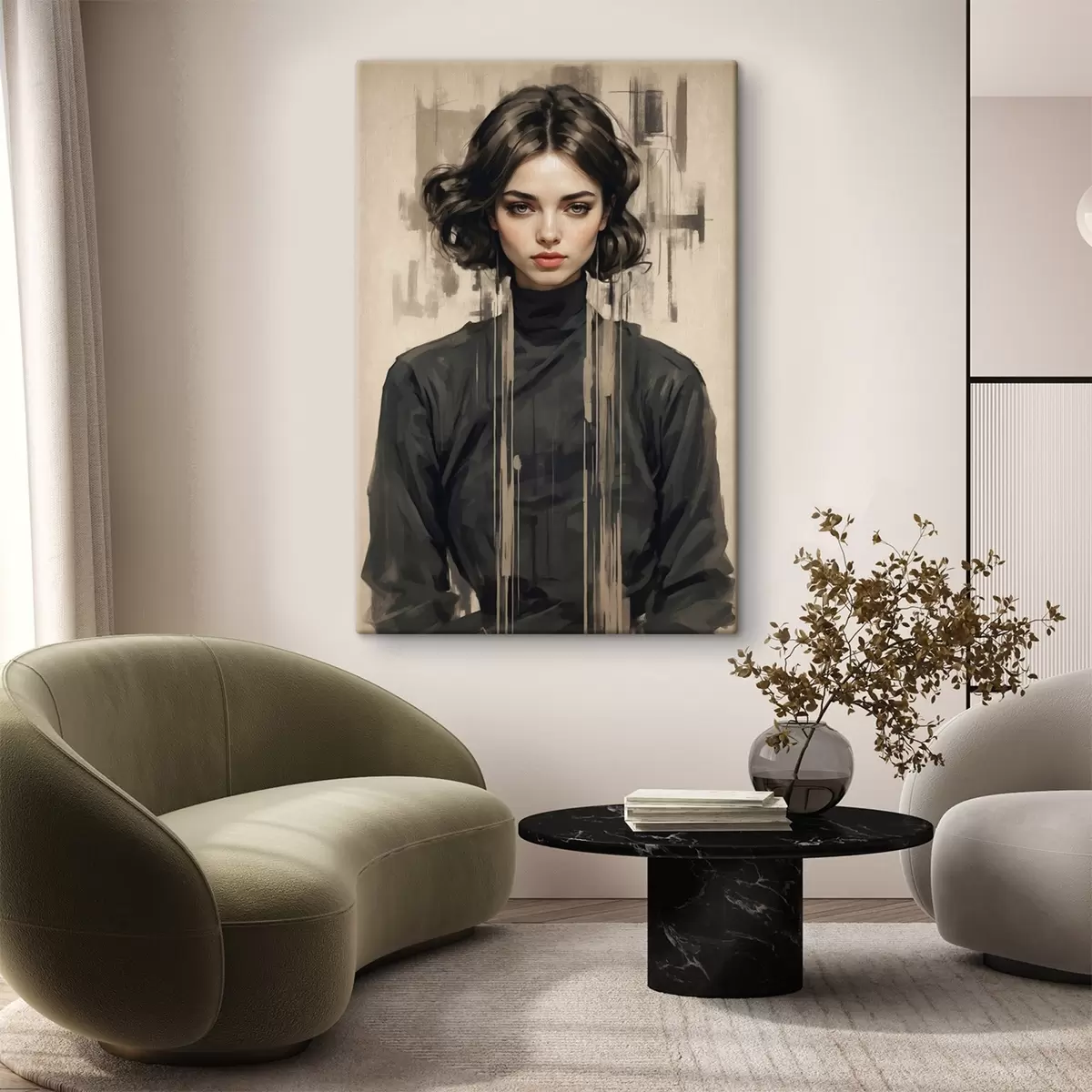 Glezna Sievietes portrets ar īsiem tumšiem matiem uz abstrakta fona s44890