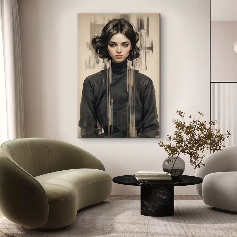 Glezna Sievietes portrets ar īsiem tumšiem matiem uz abstrakta fona s44890