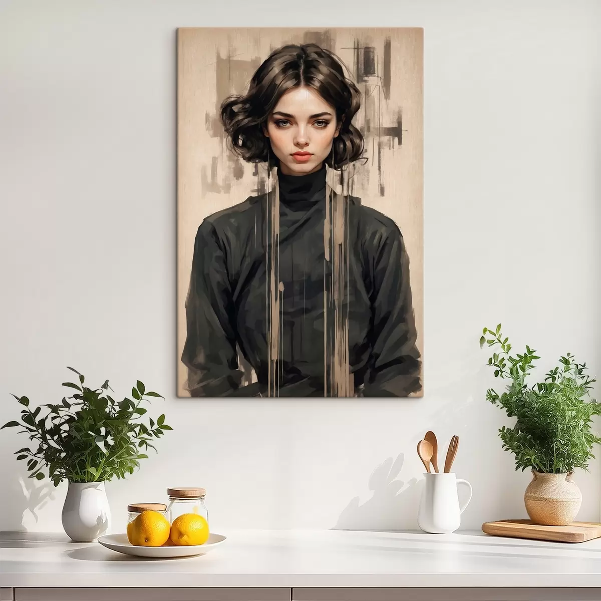 Glezna Sievietes portrets ar īsiem tumšiem matiem uz abstrakta fona s44890