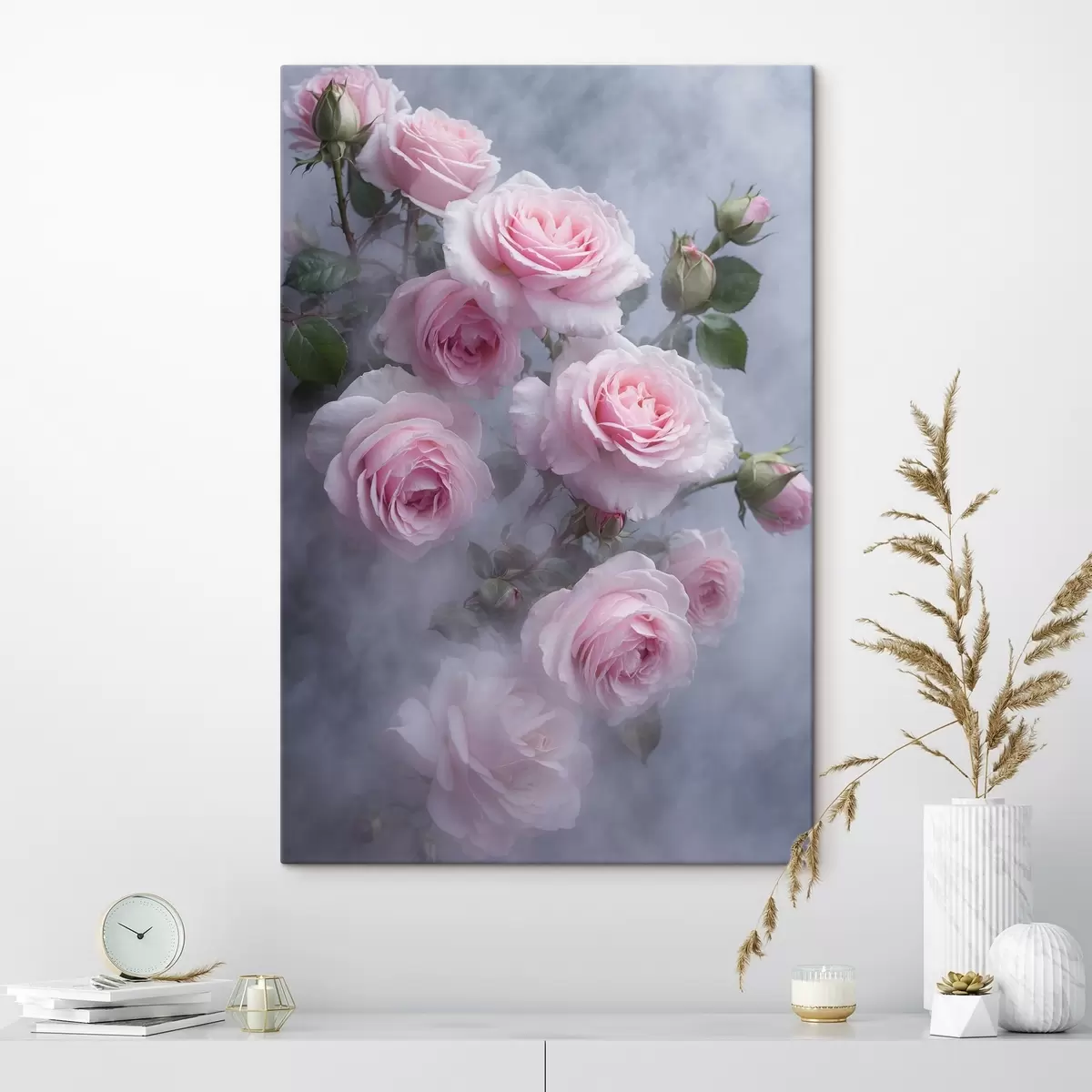 Glezna Maigi rozā rozes miglā ar zaļām lapām s44892