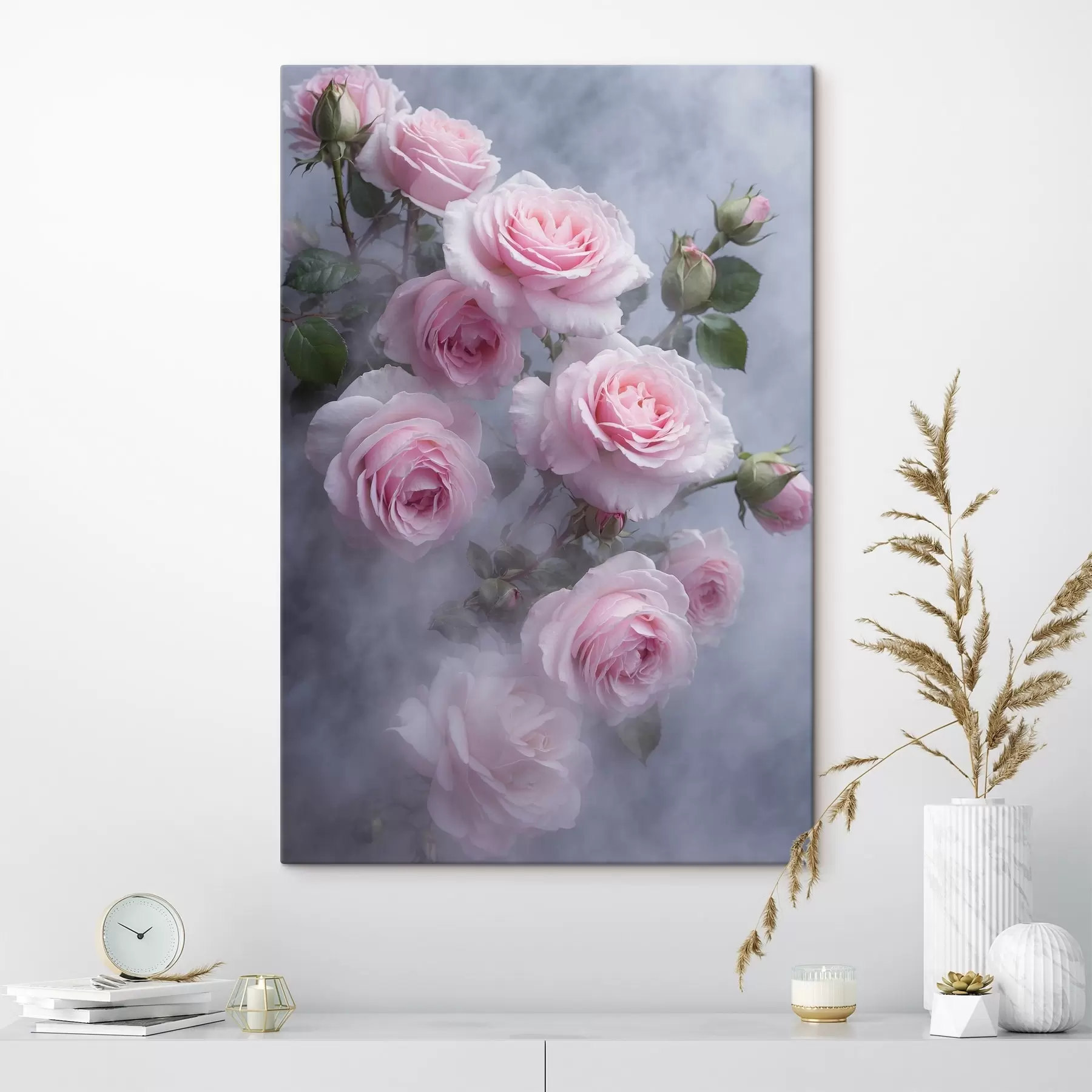 Fototapetes Maigi rozā rozes miglā ar zaļām lapām s44892