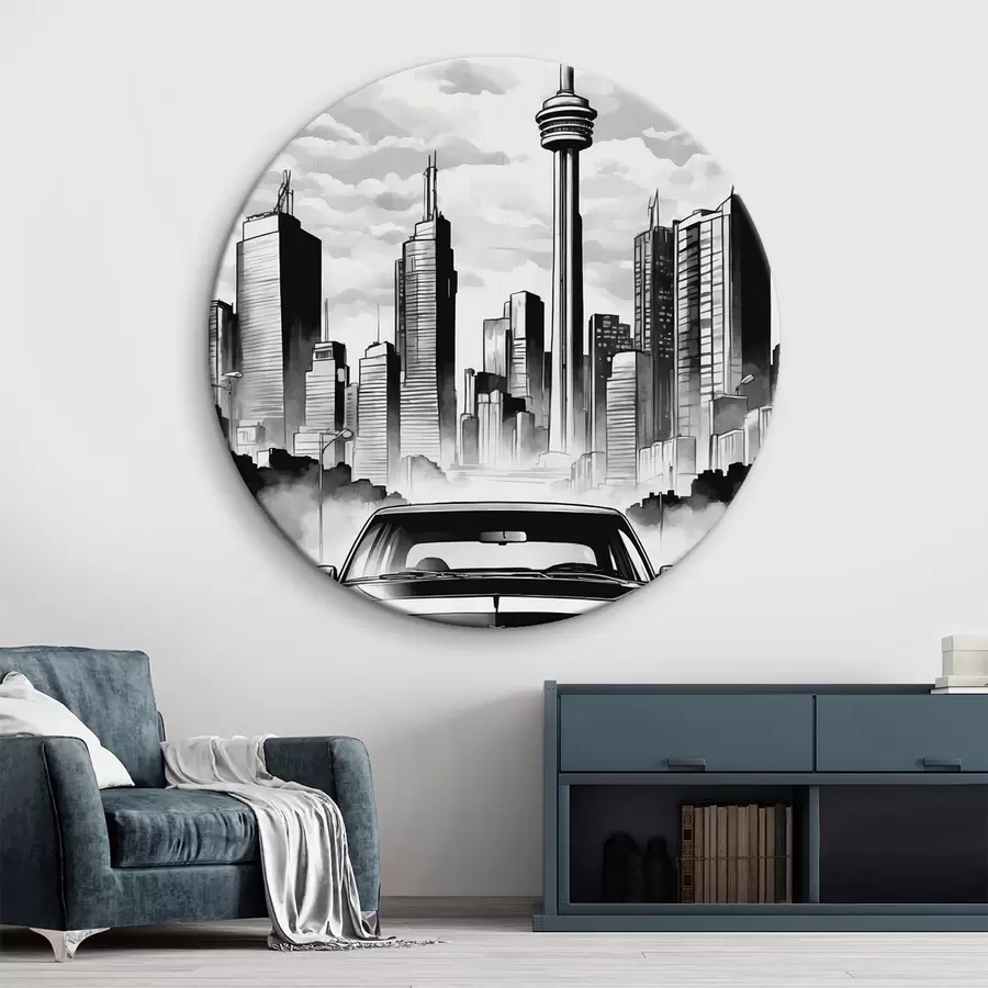 Glezna Retro auto uz melnbaltās pilsētas ar debesskrāpjiem fona r44871