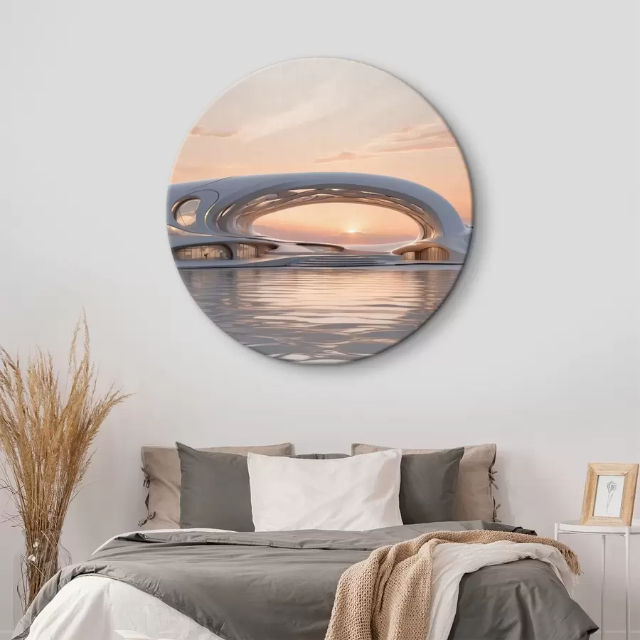 Glezna Futūristiska ēka uz ūdens pret rozā saulrietu r44884