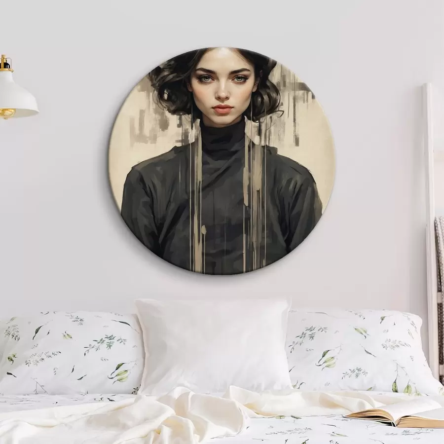 Glezna Sievietes portrets ar īsiem tumšiem matiem uz abstrakta fona r44890