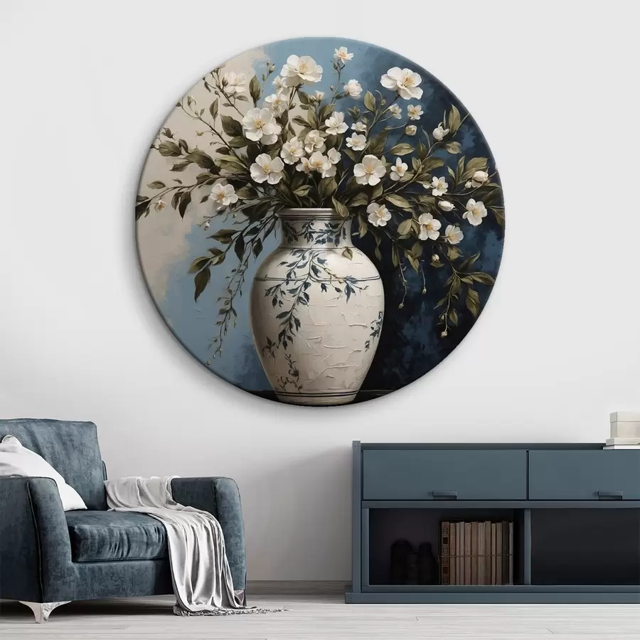 Glezna Balti un dzelteni ziedi lielā vāzē uz zila fona r44893