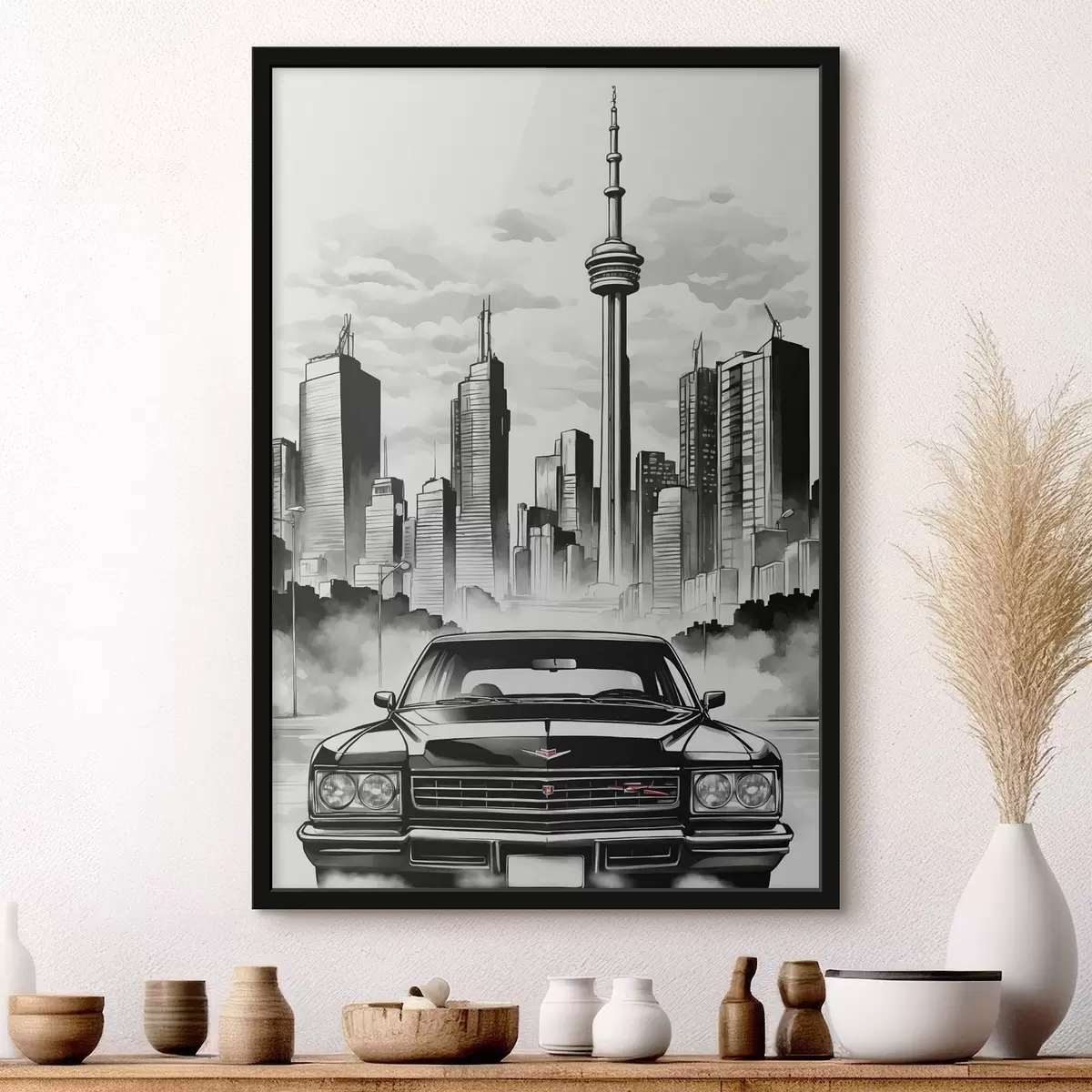 Plakāts Retro auto uz melnbaltās pilsētas ar debesskrāpjiem fona f44871