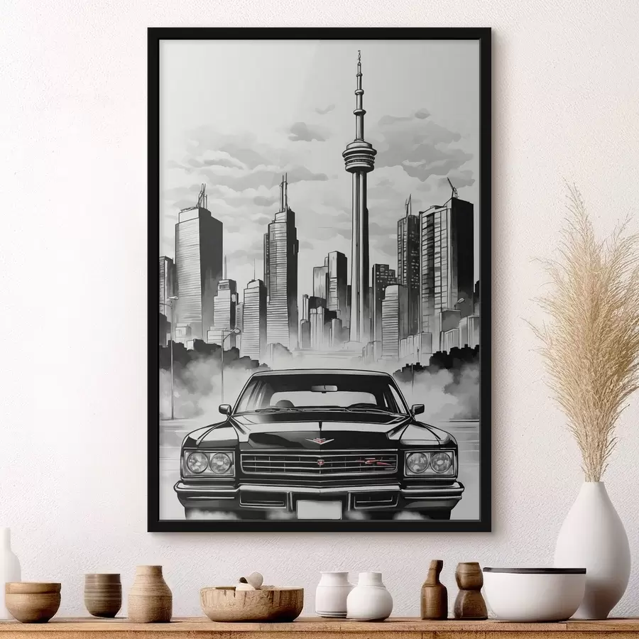 Fototapetes Retro auto uz melnbaltās pilsētas ar debesskrāpjiem fona f44871