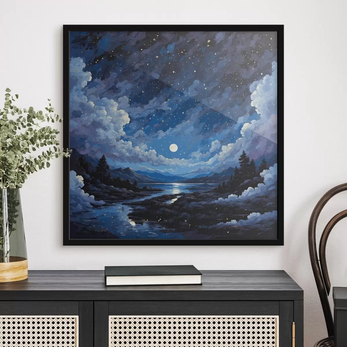 Plakāts Nakts debesis ar mēnesi un zvaigznēm virs kalnu ainavas f44872